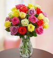 Two Dozen Assorted Roses - With Clear Vase