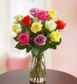 One Dozen Assorted Roses - With Clear Vase