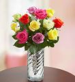 One Dozen Assorted Roses - With Silver Swirl Vase
