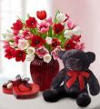 Valentine's Day Tulips With Chocolate + Free Bear - 30 Stems With Red Vase Chocolate & Free Bear