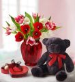 Valentine's Day Tulips With Chocolate + Free Bear - 15 Stems With Red Vase Chocolate & Free Bear