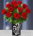 One Dozen Premium Long Stem Red Roses + Free Vase - With Midnight Mirror Vase