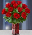 One Dozen Premium Long Stem Red Roses + Free Vase - With Red Modern Hobnail Vase