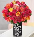 Passionate Sunset Roses - With Midnight Mirror Vase